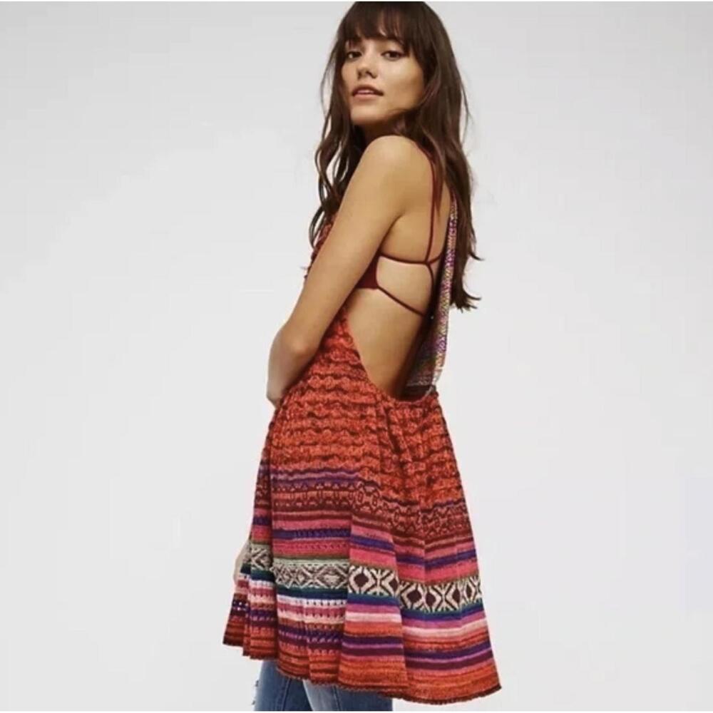 Free People Red Rare Hearts Crochet Sweater Tunic Dress - Size - Medium - Picture 1 of 9